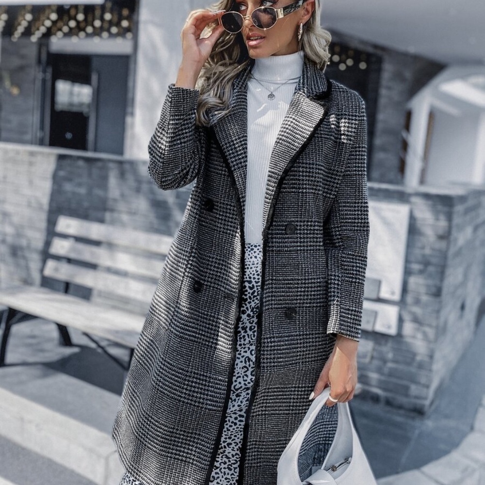 black button plaid trench fall pea coat jacket - Picture 7 of 7